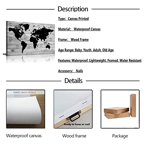 Taomi Living Room Wall Art Black And White Grey World Map Large Size Wood Grain Map Of The World Black Artwork For Office Home Decorations Classroom Wall Décor Picture Frame Ready To Hang 20X40Inch #TOP2