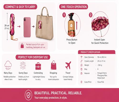 Image of BENAVJI Umbrella for Women -3 Fold, UV Coated, Auto Open Close- Printed Design Umberallas for Ladies, Girls and Men