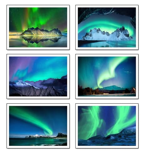 Set 6 cuadros base madera, Decoración Salón Modernos, Dormitorios, Habitación, paisaje, naturaleza, Aurora Boreal Noruega con colgadores metálicos, (38 x 29 cm cada cuadro)