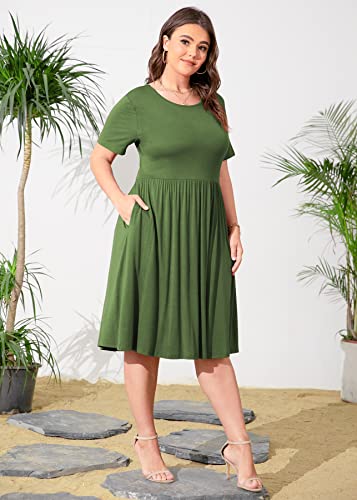Image of POSESHE Womens Plus Size Summer Dress 2026 Casual Short Sleeve Empire Waist Loose Fit Swing T-Shirt Dress with Pockets