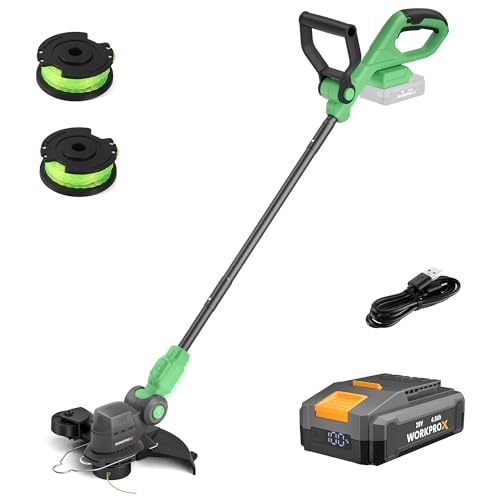 WORKPROX Cordless Strimmer with 30cm Cutting Diameter, 20V 2-in-1 Grass Trimmer and Lawn Edger with Auto Line Feed, Garden Strimmer with 90° Adjustable Cutting Head and 150° Auxiliary Handle
