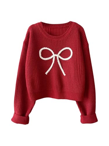 Image of BEAUDRM Girl's Cute Bow Sweater Crew Neck Long Sleeve Drop Shoulder Loose Pullover Tops
