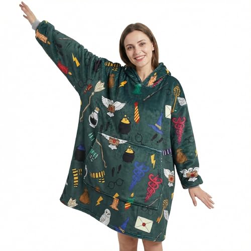 Magical Movie Theme Soft Warm Oversize Wearable Blanket Hoodies for Fans of Magical Movies and Novels Featuring Owl Lightning Bolt and Eyeglass Frame Prints