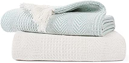 EHC Premium Pack of 2 Cross-Stitch Throws for Sofa/Chair Blanket,125 x 150cm - Grey/Ivory