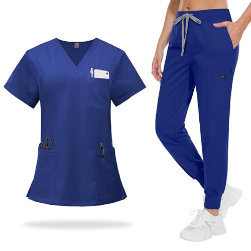VIAOLI Scrubs for Women Set V-Neck Top and 8 Pocket Jogger Scrub Pant - Medical Uniform Nursing Scrub Set