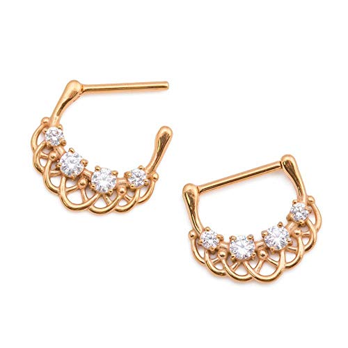 Painful Pleasures 14G Gold-Plated Stainless Steel Nipple Jewelry With Prong-Set Crystals And Weaving Pattern — Clicker Mechanism #TOP1