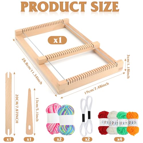Qcdou Webrahmen, DIY Holz Webrahmen Set, mit Farbige Wolle, Webstock, Kamm, Hölzerne Webenadel, 19x29 cm Webstuhl Viereckig, Strickset für Anfänger