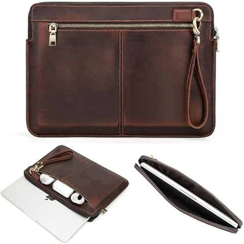 CataPurus Top Grain Leather 14.2" Laptop Case Bag, Zip Pockets Design, Compatible with MacBook Air 13" M2 A2681 M1 A2337 A2179 A1932/Pro 13" M2 M1 A2338 A2251 A2289 A2159 A1989 A1706, Coffee 14.2 Inch Cover