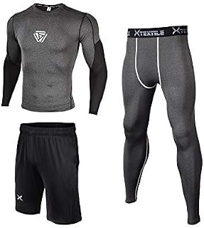 Xtextile 3 Pcs Men's Workout Set with Compression Pants Long Sleeve Shirts