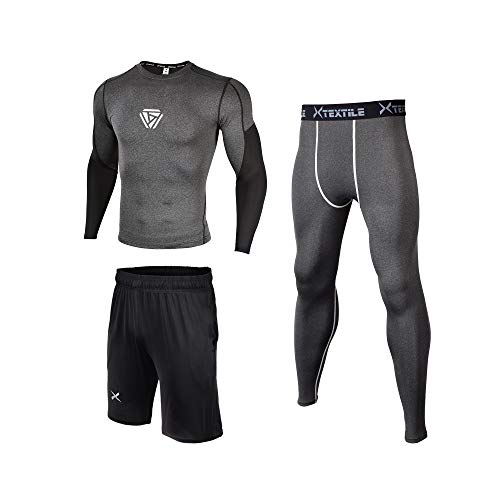 Xtextile 3 Pcs Men's Workout Set with Compression Pants Long Sleeve Shirts