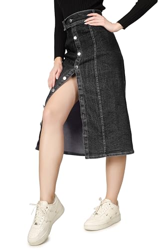 Image of Western Straight Stylish Comfortable Long Two Button Up Slit Dobby Denim Skirt for Women & Girls