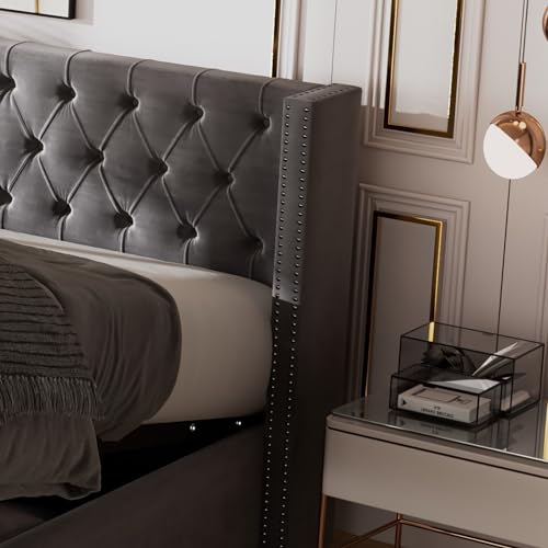 Skcess Doppelbett 180X200 Polsterbett Ohrenform Doppelte Nietenreihe Flanell, Knopfnähte Kopf-Und Fußende, Hydraulisches Funktionsbett, Grau – Bild 7
