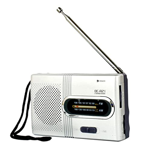 BC-R21 Mini Radio, Antenne Télescopique AM FM Portable Radio de Poche Récepteur Mondial Haut-Parleur Fonctionnant sur Piles, Argent (sans Batterie)