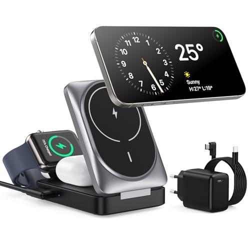 3 en 1 Chargeur sans Fil avec Mag-Safe, Station de Charge Certifié Qi2, Pliable Chargeur Induction sans Fil pour iPhone 16 15 14 13 12, Apple Watch, AirPods...