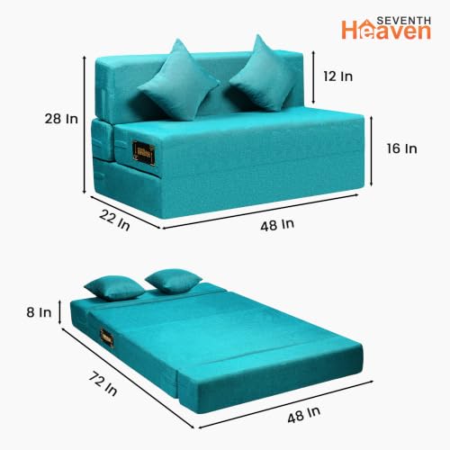 Image of Seventh Heaven Rejioce 2 Seater 4 * 6 Jute Fabric Washable Cover Sofa Cum Bed with 2 Cushions 2 Seater Double Foam Fold Out Sofa Cum Bed (Finish Color - Blue Delivery Condition - Pre-Assembled)