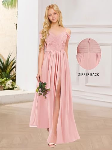 Off Shoulder Junior Bridesmaid Dresses A Line Chiffon Flower Girls Formal Dress with Pockets4