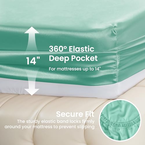 Image of Love's cabin Twin Satin Sheets Sets - 3 Piece Aqua Silky ed Sheets with Deep Pockets, Luxury Silk Feel Satin Twin Size Sheet Set Bedding Set (1 Flat Sheet,1 Fitted Sheet,1 Pillow case)