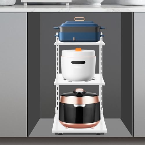 Pot Rack Organizer, 3 Tier Kitchen Storage Pot and Pan Stand Rack Under Sink Organizer with Adjustable Feet, Kitchen Cabinet Organizer for Skillets Pans Flat Cutting Boards Baking Sheets (White) - Image 3