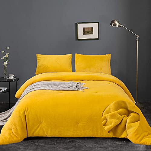 KAREVER Yellow Velvet Comforter Set Queen Solid Yellow Color Flannel Velvet Bedding Comforter Set All Yellow 3 PCs Shaggy Soft Warm and Durable Flannel Blanket Queen