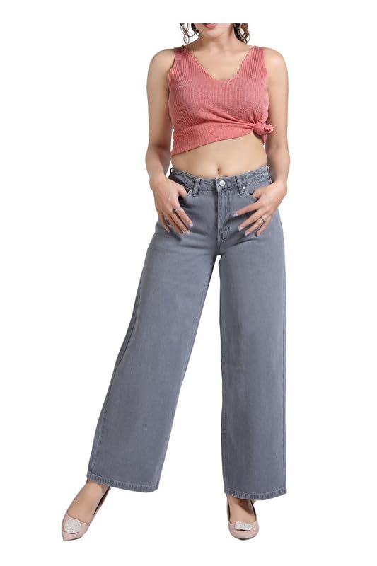 Clothmaker Women’s Grey Wide-Leg Denim Jeans, High-Waisted Non-Stretchable Denim, Trendy Casual Wear for Women, Relaxed Fit – Model 1059 Clothmaker Women’s Grey Wide-Leg Denim Jeans, High-Waisted Non-Stretchable Denim, Trendy Casual Wear for Women, Relaxed Fit – Model 1059