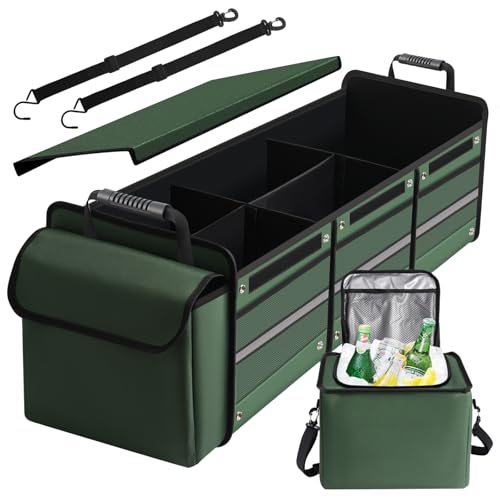 Snuopfy Car Trunk Organizer,115L Heavy Duty Collapsible Trunk Storage, with Insulated Leakproof Cooler Bag Vehicle Cargo Organizer with Lid, 3 Compartments, Straps For Car,Suv,Jeep,Sedan-Green