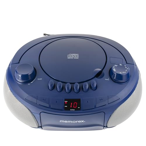 Memorex AM/FM Top Loading Cassette CD Player | Portable Stereo with Programmable Memory | Auxiliary Input, Auto-Stop Deck and LED Display (Blue)