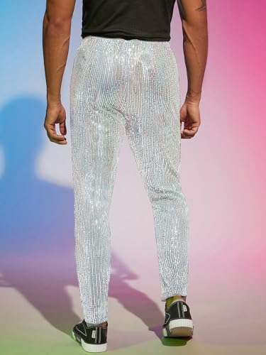 WDIRARA Men's Contrast Sequin Carrot Pants Elastic Waist Skinny Straight Leg Pants2