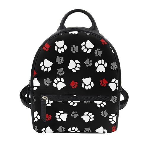 Forchrinse White Red Dog Paw Print Mini Backpack,Small PU Leather Backpack Lightweight Travel Rucksack for Adults