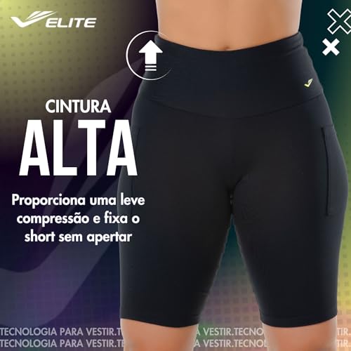 ELITE Bermuda Academia Feminina Com Bolso Cós Alto Zero Transparência Fitness, Preto, M