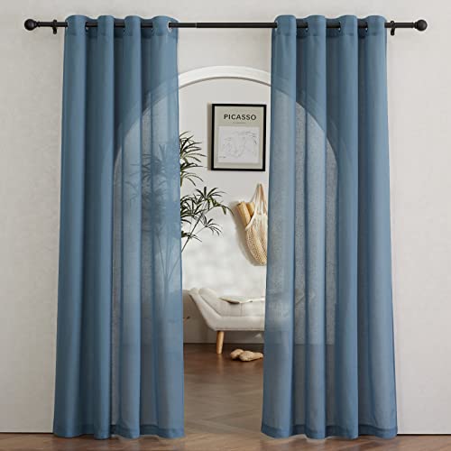 NICETOWN Flax Linen Sheer Curtains for Living Room, (Stone Blue) Grommet Vertical Drapes Semi Sheer Linen Curtains Privacy with Light Filtering for Vi