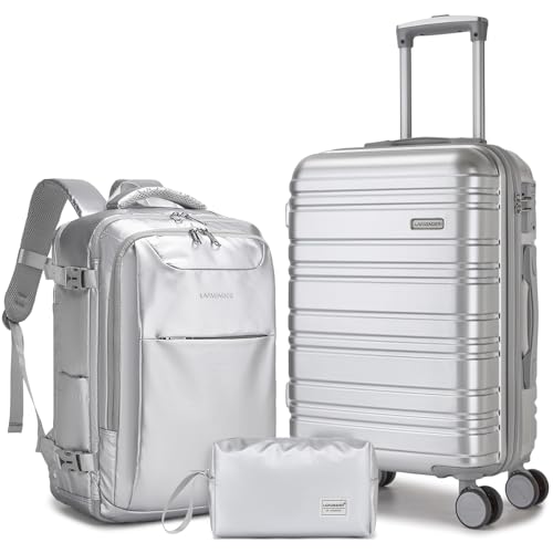 Image of LARVENDER Carry on Luggage 22x14x9 Airline Approved Hardshell Suitcase with Wheels TSA Lock, PC+ABS Lightweight Suitcase Set for Women with Travel Backpack, Glossy Silver, 3 Piece Set