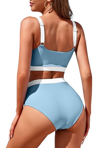 Image of Womens High Waisted Bikini Sets Sporty Crop Top Color Block Swimwear Bandeau Scoop Neck Vintage Two Piece Bathing Suits