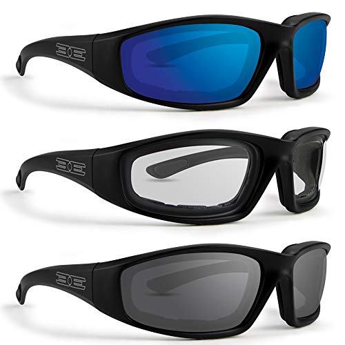 Epoch Eyewear Foam Padded Motorcycle Sunglasses 3 Pair Black Frames w/Clear Smoke and Blue Mirror Lens