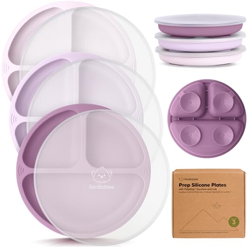 KeaBabies Silicone Baby Plates with Lids, Suction- 3-Pack Silicone Divided Plates for Toddlers, Kids, BPA-Free Baby Led Weaning, Toddler Feeding Essentials, Dishwasher, Microwave Safe (Amethyst)
