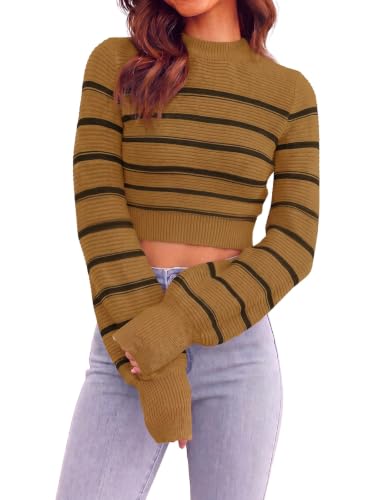 Image of Womens Sexy Crew Neck Cropped Sweaters Knit Long Sleeve Crop Tops Pullover