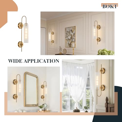Image of BOKT Mid Century Modern 1-Light Wall Mounted Light Brushed Gold Metal Wall Sconce Lighting Minimalist Anti Brass Wall Sconce Lamp White Glass Bathroom Vanity Light Fixture (White)