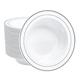 Pryntono 100 PCS Plastic Bowls with Silver Rim, 12oz Premium Heavy Duty Soup Bowls, Dessert and Salad Bowls for Party, Wedding and Holiday