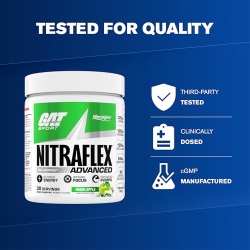Image of GAT SPORT Nitraflex Advanced Pre-Workout Powder - Energy Drink Mix - Supports Healthy Blood Flow - Boosts Strength & Energy - Creatine-Free - 30 Servings - Green Apple