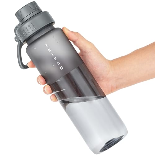 OLDLEY 32 oz Water Bottle with Handle, BPA-Free Tritan Reusable Sports Water Bottle with Leak-Proof Dust Lid, Wide Mouth, Cup Holder Friendly, Half Frosted Clear Bottle for Gym, Travel, Work,Gray