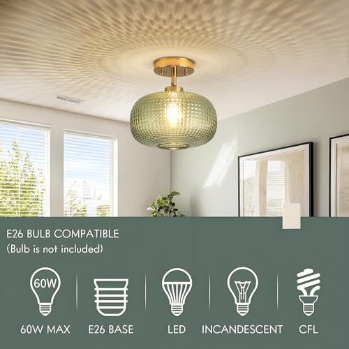LORMPIY Modern Semi Flush Mount Ceiling Light, Vintage Green Glass Shade with Adjustable Hanging Gold Sloped Ceiling Lights Fixtures for Hallway Entryway Kitchen Bedroom Laundry Room,1-Light,9.84 Inch by lormpiy - Image 4