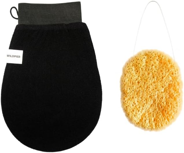 Wildpier Luxe Exfoliating Glove and Turmeric Konjac Facial Sponge Bundle