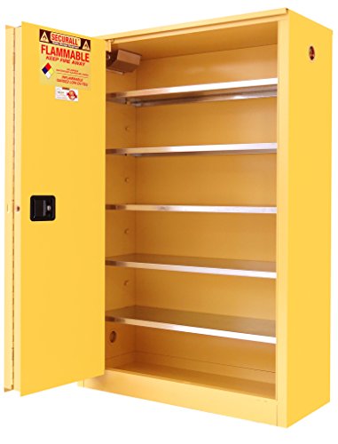 SECURALL P260 Paint/Ink Storage Cabinet, Self-Close Self-Latch, Sliding Doors, 15 YR Warranty, 65 x 43 x 18, 18-Gauge Steel, 60-Gal Cap, 5-Adj Shelves, FM Approved, SMaRT Certified, OSHA Comp - Yellow