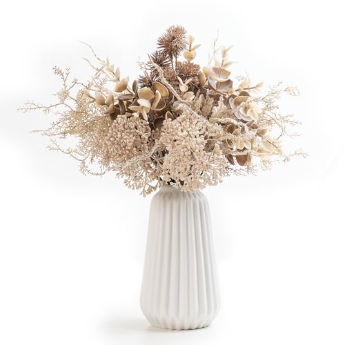 WillingYou 造花 インテリア ドライフラワー 花束 花瓶付き 玄関 フェイクグリーン 人工観葉植物 イベント 飾り ギフト プレゼント お見舞い (陶器 白 花束 ベージュ セット)