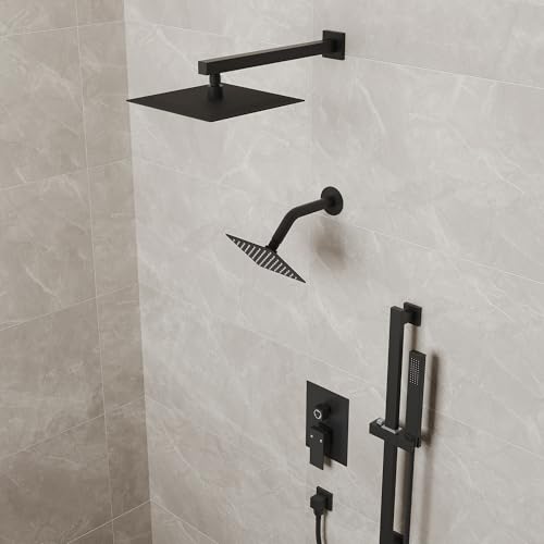 Image of 10 inch High-Pressure Rainfall Shower Faucet with Handheld Spray, Wall Mount Dual Shower Head System with Slide Bar (Matte Black)