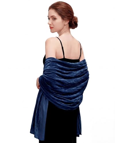 Geyoga Women Crushed Velvet Shawl Wrap Evening Dresses Dark Blue