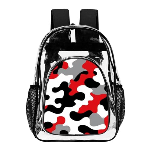 Waterproof See Through Plastic Backpacks, Casual Fashion Clear Bags Military Red Camo Army Camouflage for Women and Men Work, Office, Beach, Travel Use