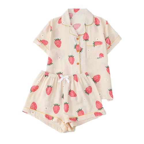 SweatyRocks Women's Matching Pjs 2 Piece Cute Printed Short Sleeve Button Front Top with Shorts Pajama Set