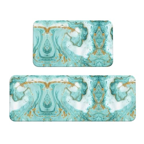 Tapetes de cocina EdWal de mármol verde azulado y dorado, alfombras de chef de lujo 2