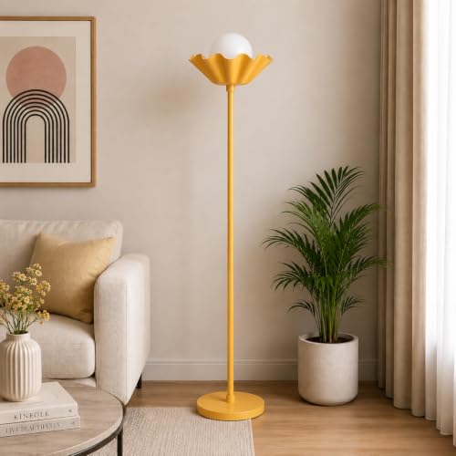 Image of Metal Shade Wooden Tripod Floor Lamp for Living Room, Living Room Corner, Bedroom, Home, Office, Interiors, Decor, Cinema. (Yellow with Ball)