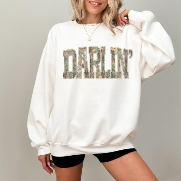FITIN Unisex Darlin’ Camo Sweatshirt for Women – Western Country Graphic Crewneck Camouflage Southern Pullover